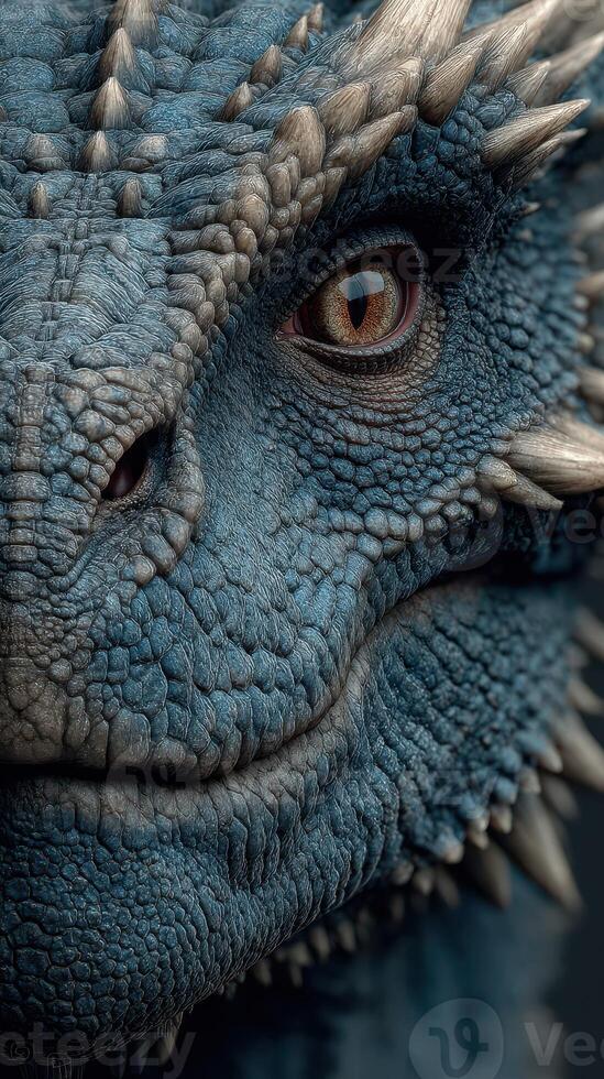 Majestic dragon with intricate scales and captivating eyes in close-up view showcasing its detailed features photo