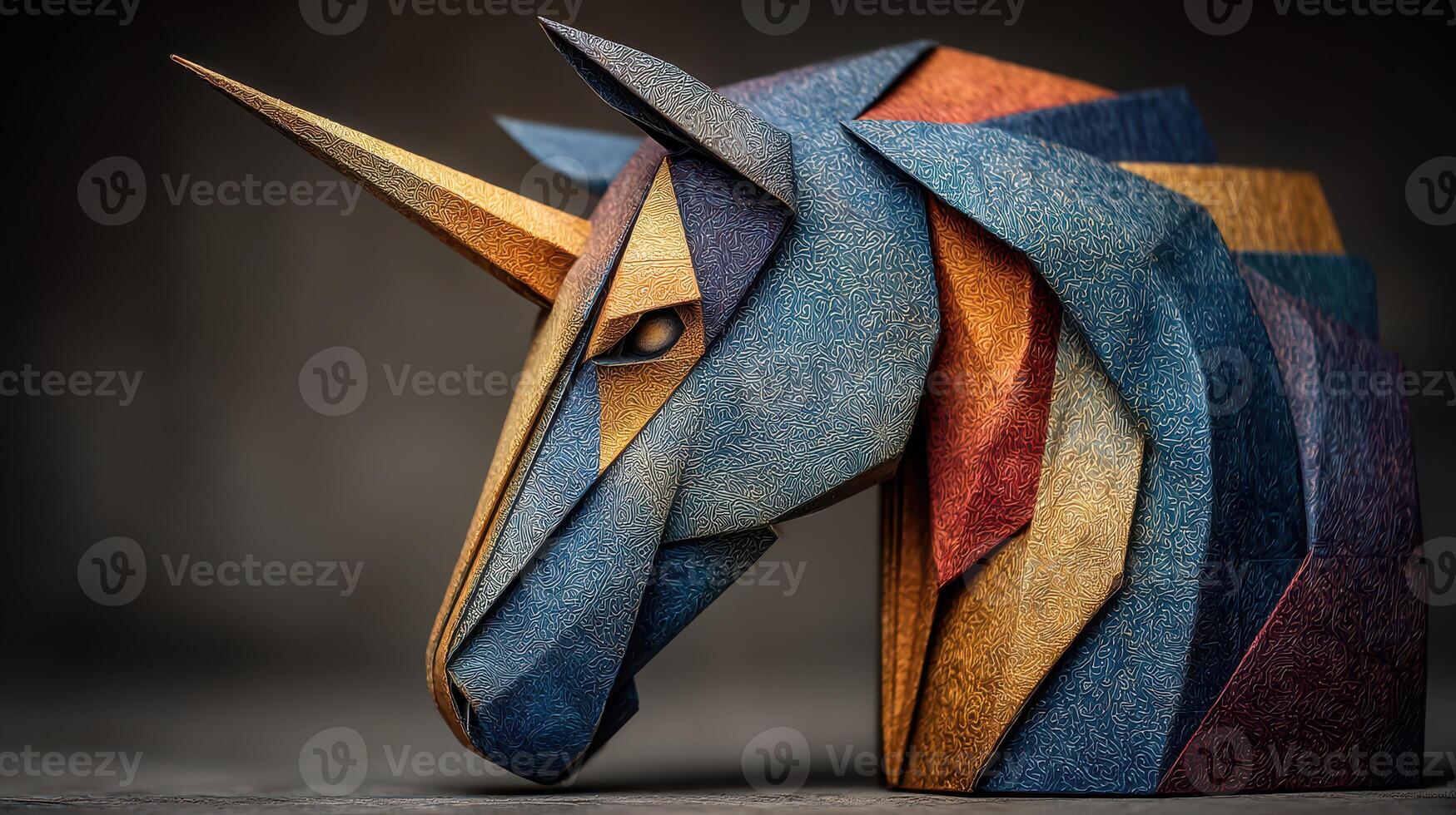Colorful geometric unicorn sculpture made from layered wood in an artistic setting photo