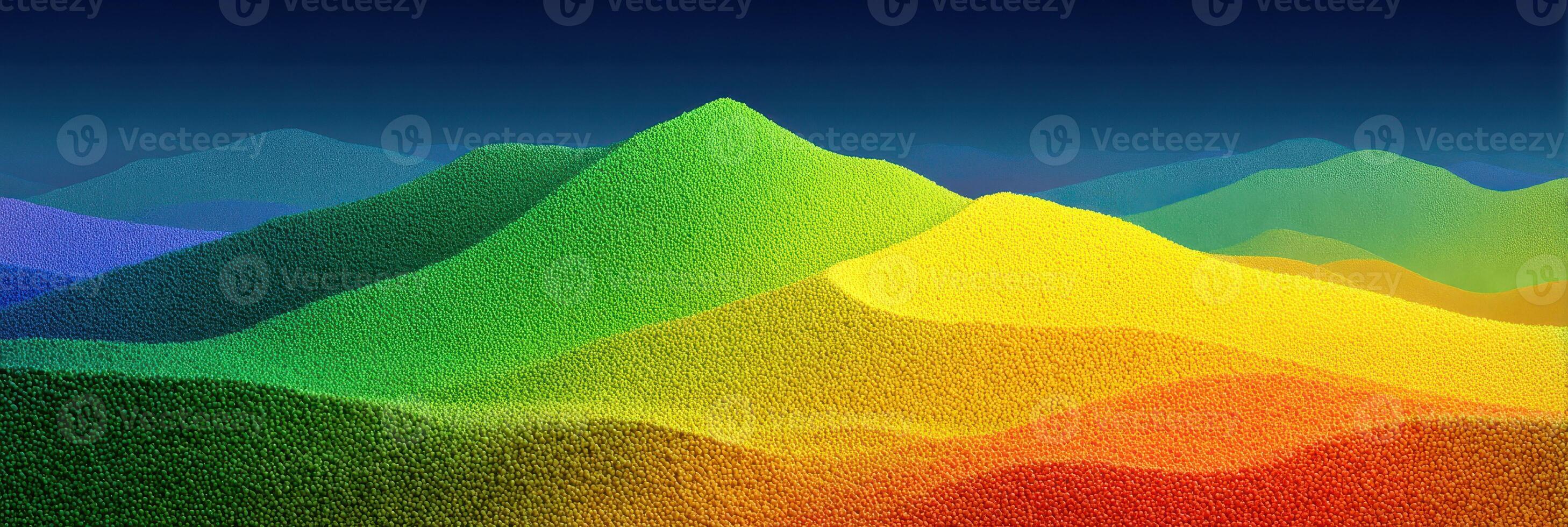 Colorful rolling hills create an abstract landscape at sunset showing vibrant hues of green, yellow, blue, and red photo