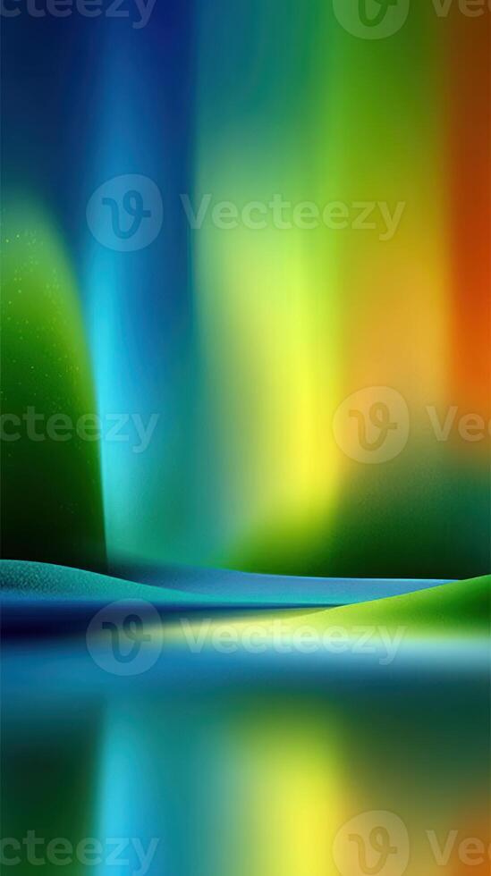 Vibrant abstract landscape with colorful reflections in a serene body of water at dusk photo