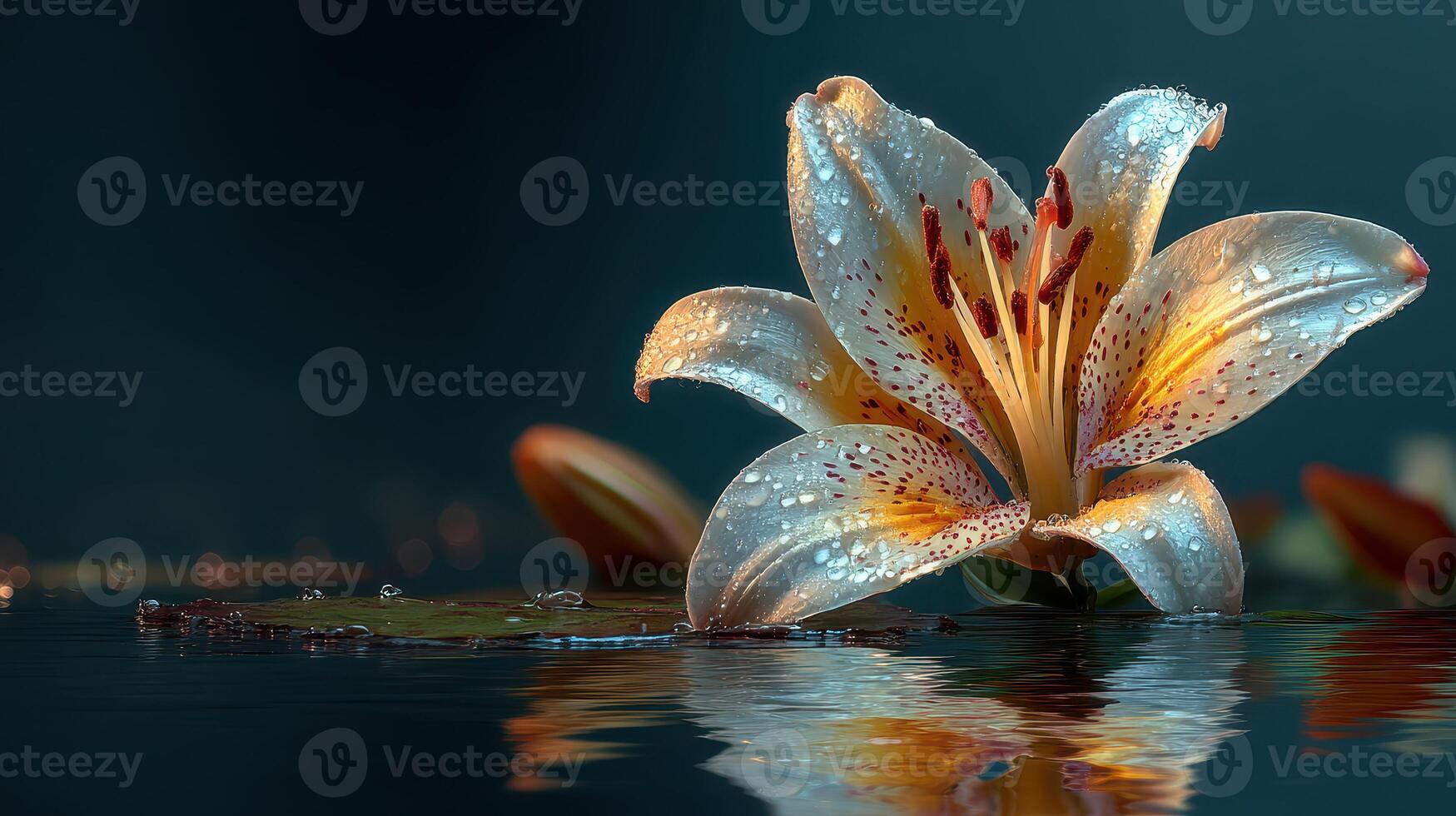 Elegant lily with water droplets reflected in tranquil pond during twilight hours photo