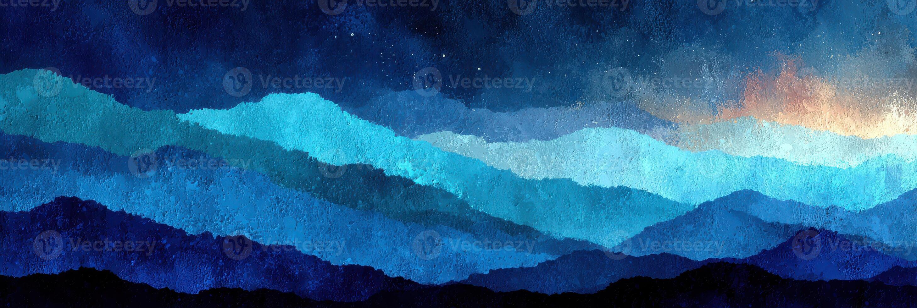 Vibrant blue mountain landscape at dusk with soft gradients and starry sky creating a serene atmosphere for relaxation photo