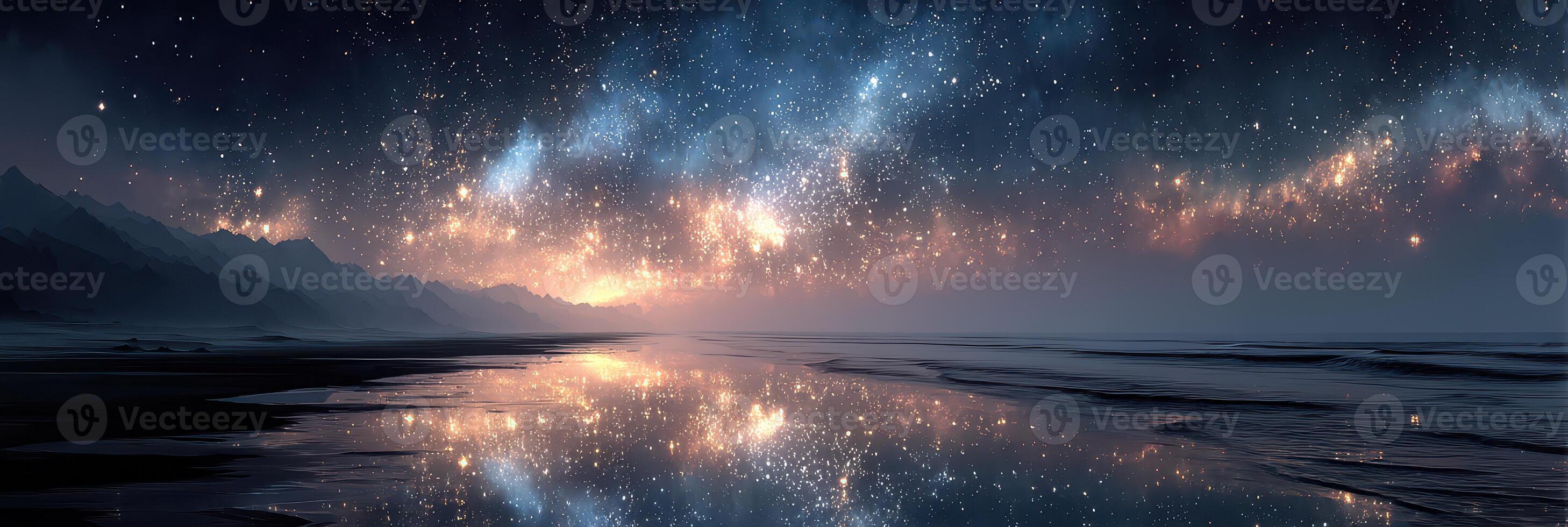 Majestic night sky illuminated with stars reflecting on serene beach landscape at dusk photo