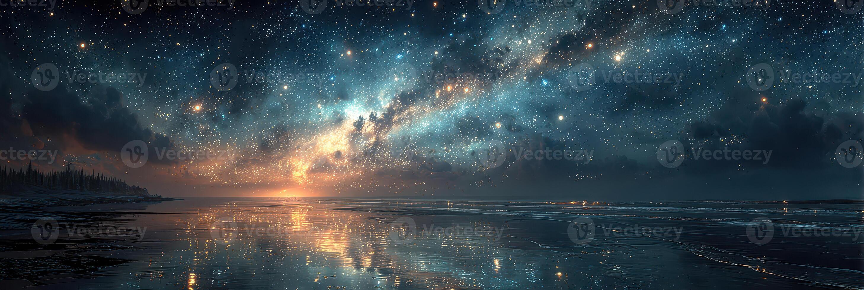 Stunning night sky view over tranquil ocean waters at sunset with vibrant stars and cosmic colors photo