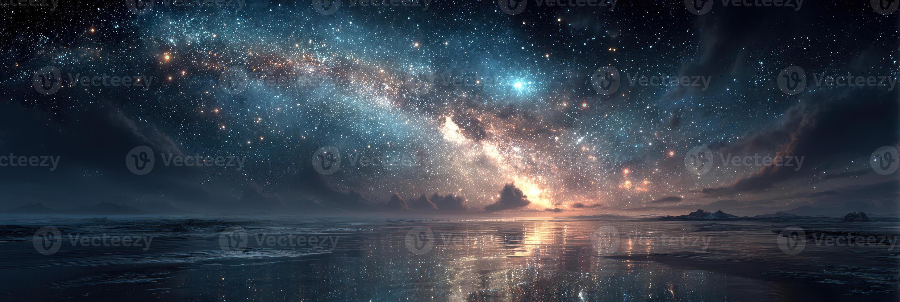 Starlit sky over calm ocean with reflections of the Milky Way during a tranquil night photo