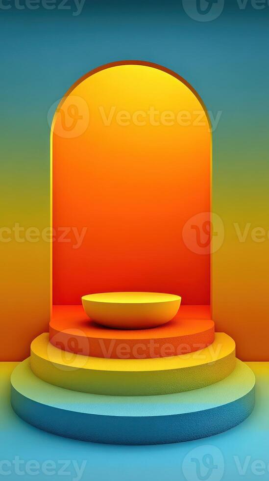 Colorful arch and circular platform with gradient hues creating an artistic display in a modern space photo