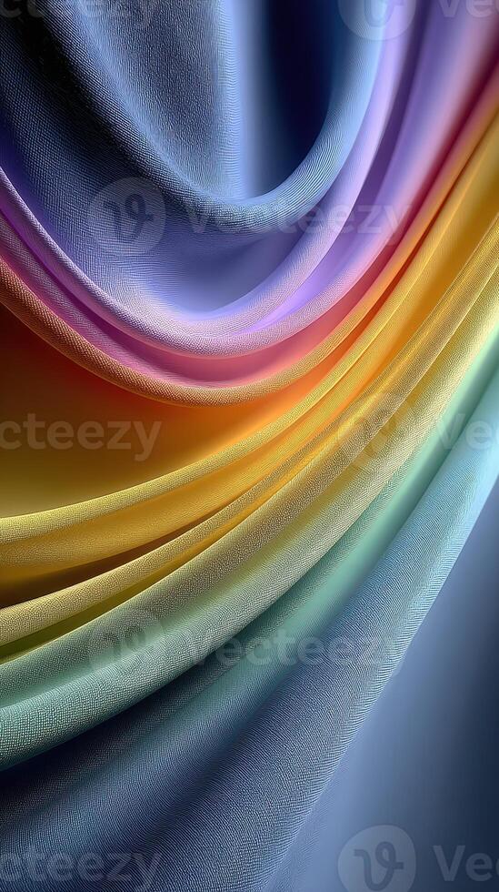 Elegant draped fabric displaying a gradient of colors flowing smoothly from purple to orange and green in soft lighting photo