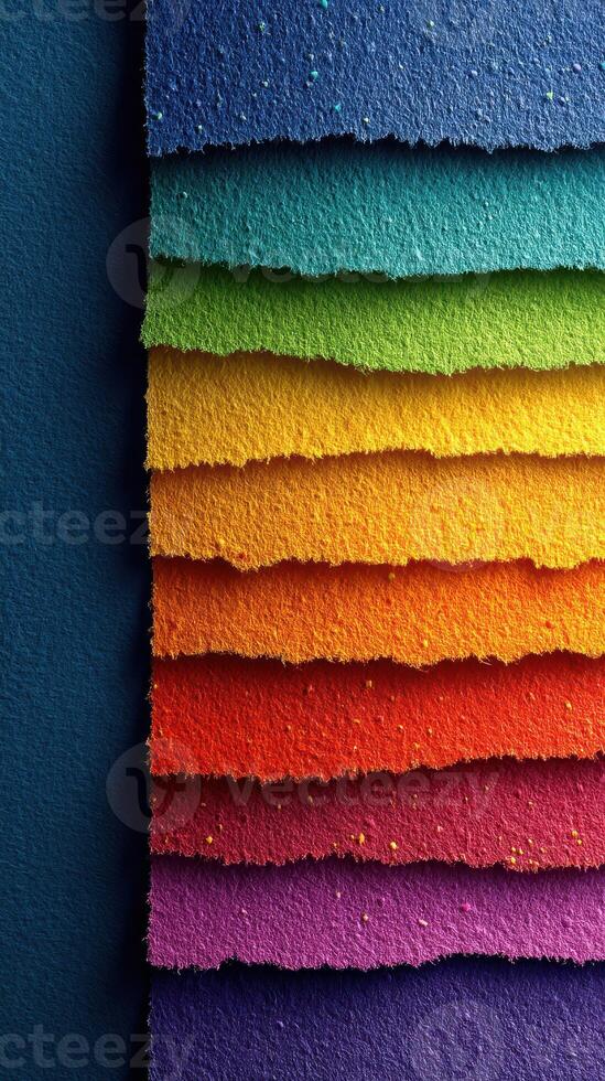Colorful layers of textured paper arranged in a vibrant gradient display, showcasing artistic potential and creativity photo