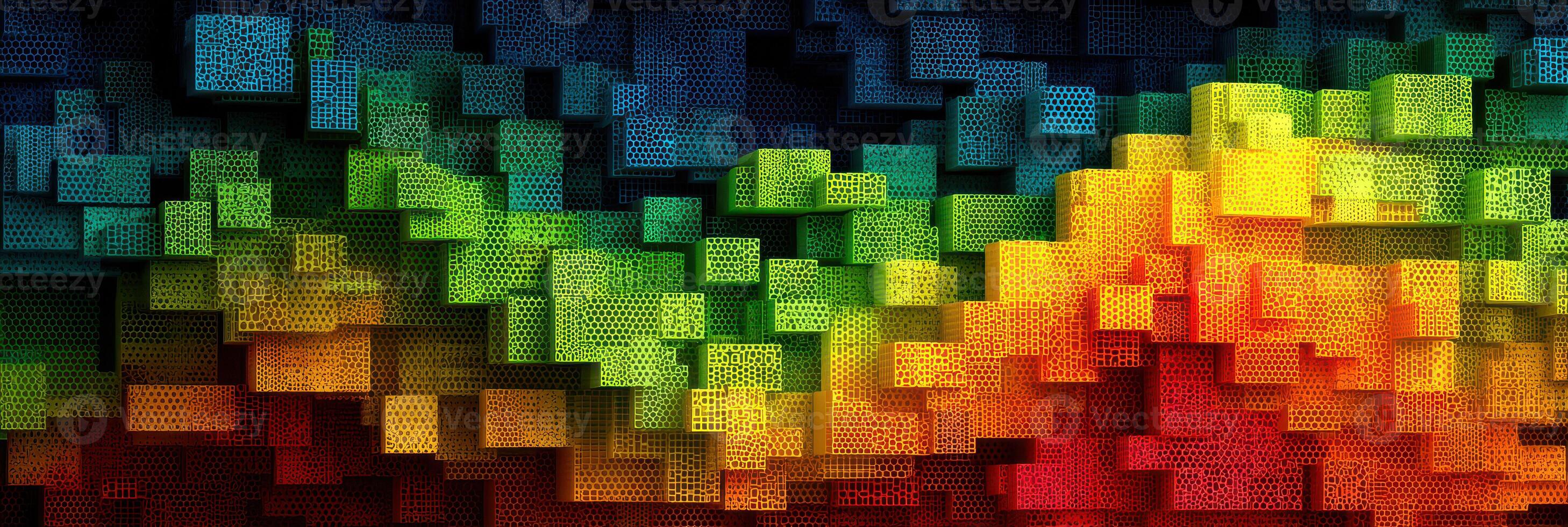 Colorful abstract design featuring layered cubes with vibrant hues representing a dynamic visual experience photo