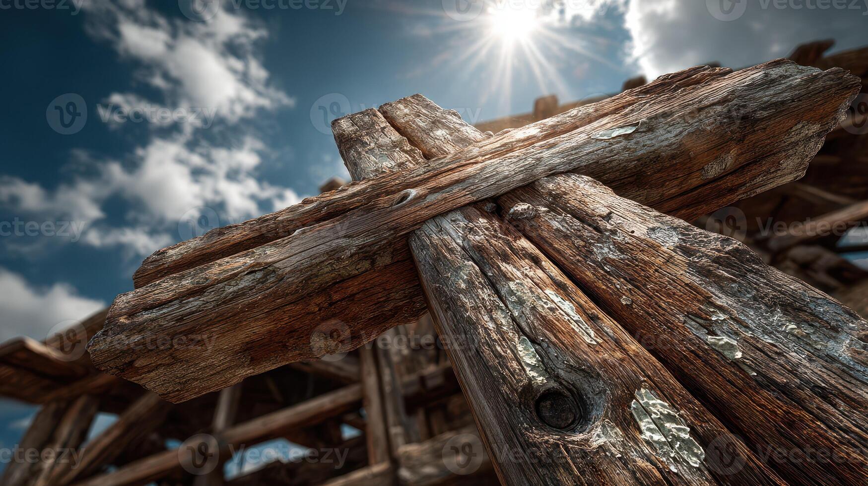 Rustic wooden cross standing against the sky captures a moment of tranquility and reflection in nature photo