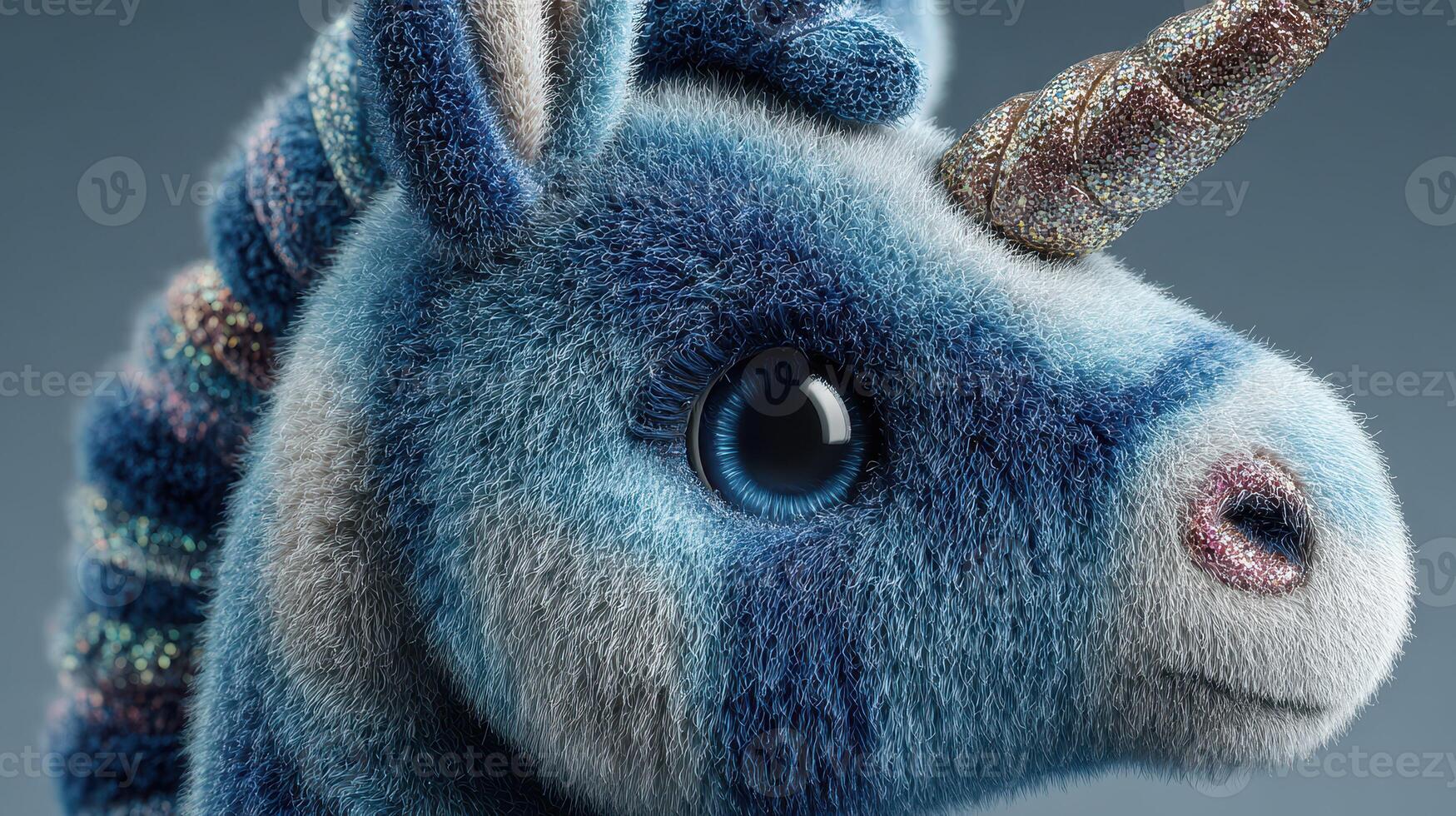 Soft blue unicorn toy with a shining horn and fluffy texture displayed against a neutral background photo