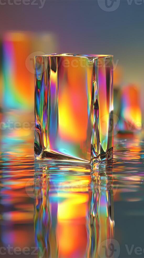 Colorful ice cube reflecting light and creating vivid patterns on a surface photo