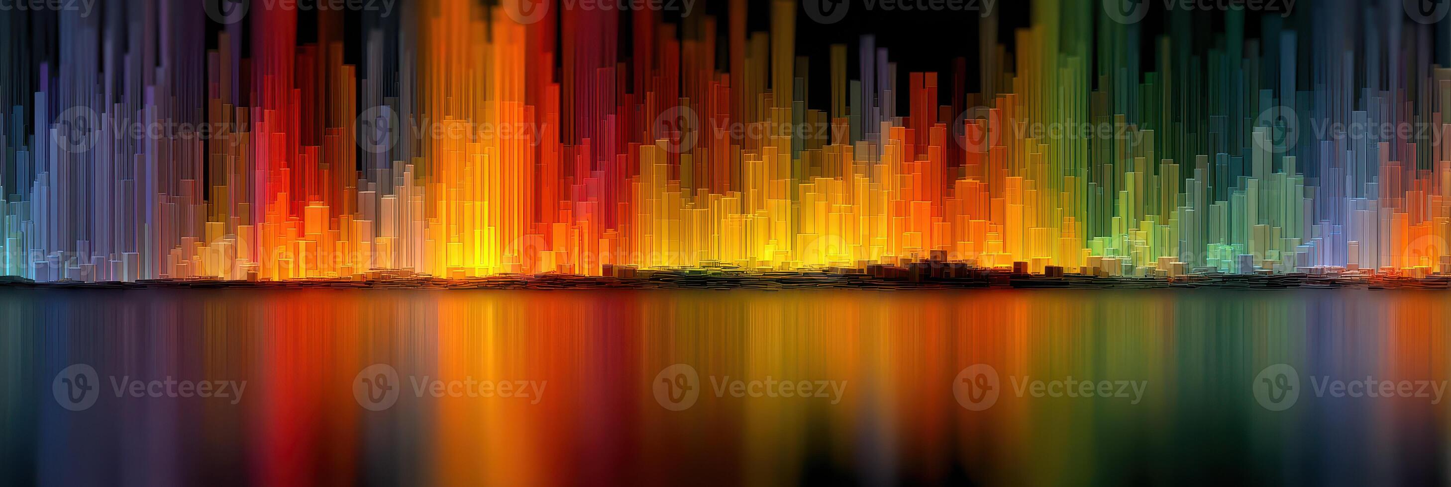 Vibrant visual representation of sound waves in a colorful display reflecting on water surface at night photo