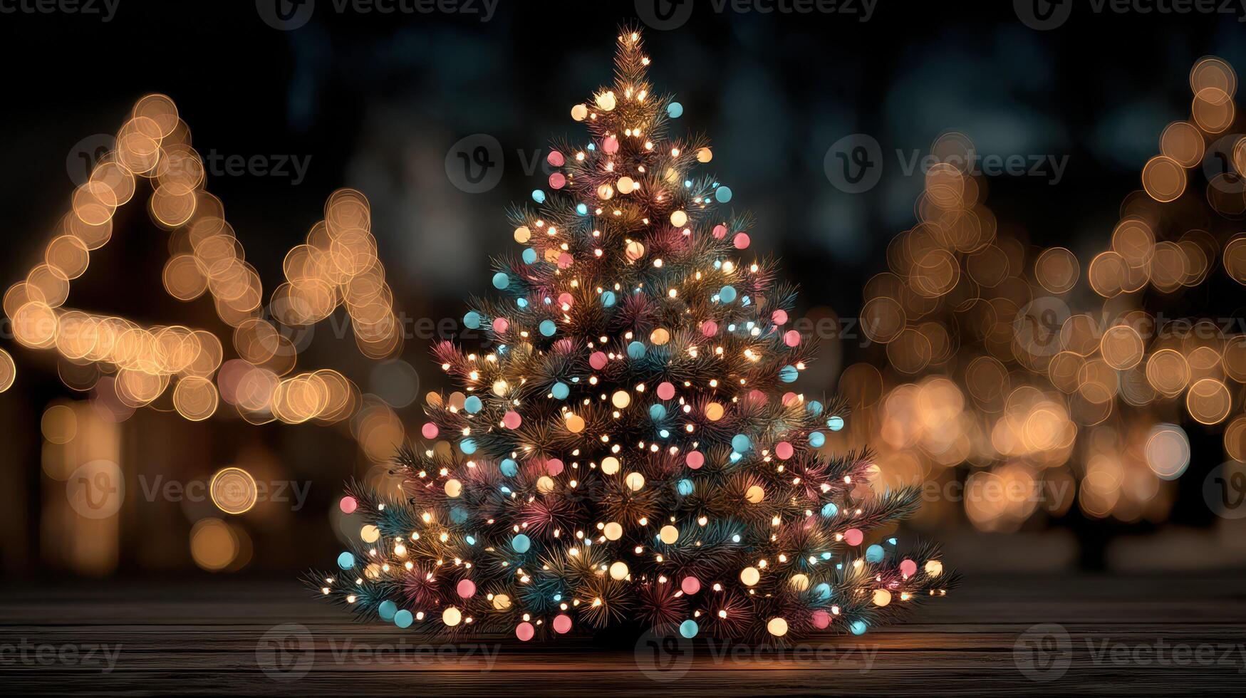 Decorated Christmas tree shining brightly in a festive holiday setting at nighttime photo