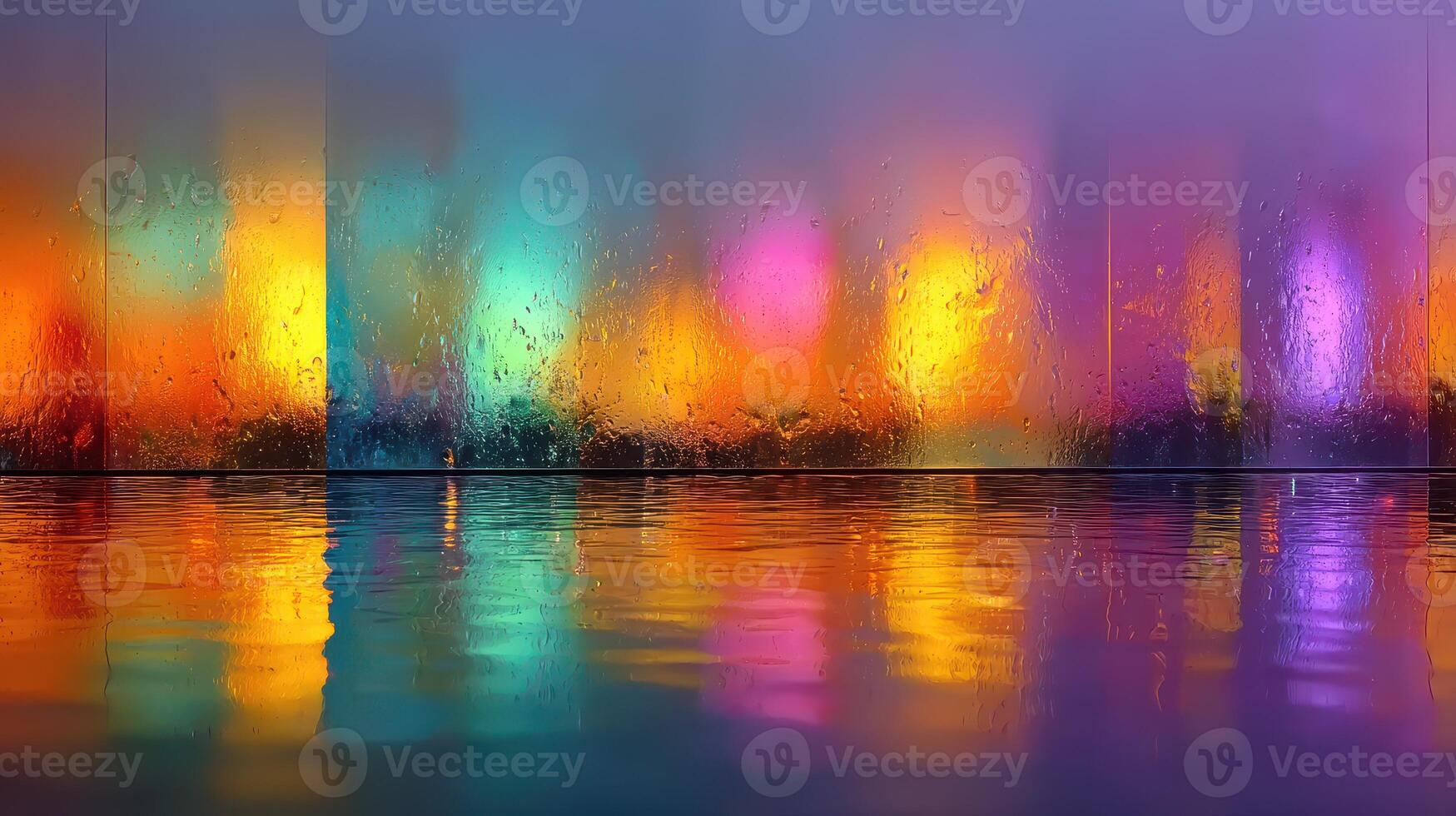 Colorful reflections and vibrant hues create a mesmerizing atmosphere during a rainy evening at a city waterfront photo