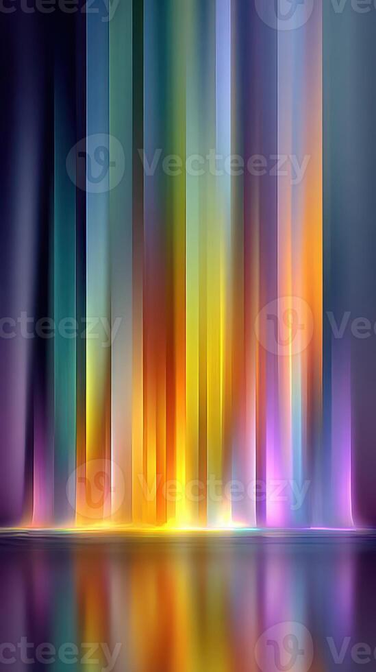 Vibrant colors create an abstract atmosphere with flowing light patterns and reflective surfaces in a darkened space photo