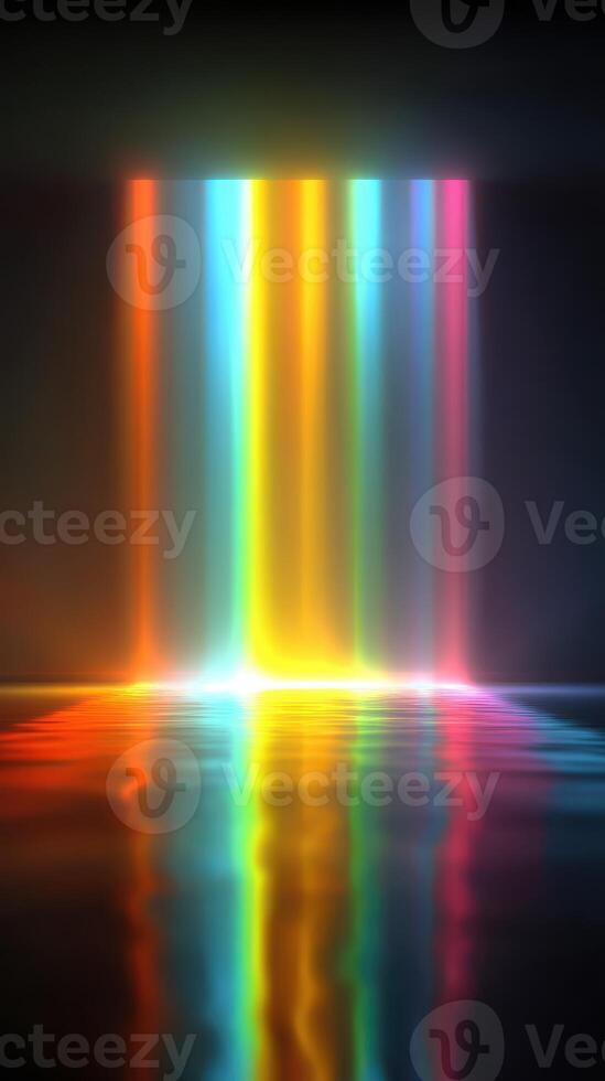 Colorful light waterfall illuminated in a dark space reflecting on the surface below photo