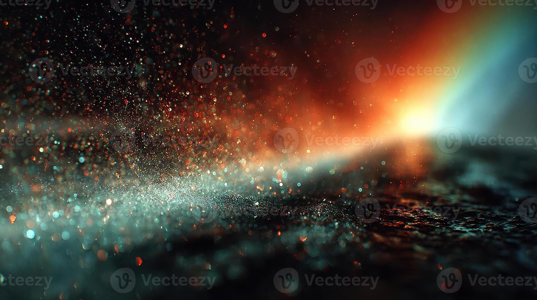 Colorful light rays create beautiful reflections on a damp surface during nighttime photo