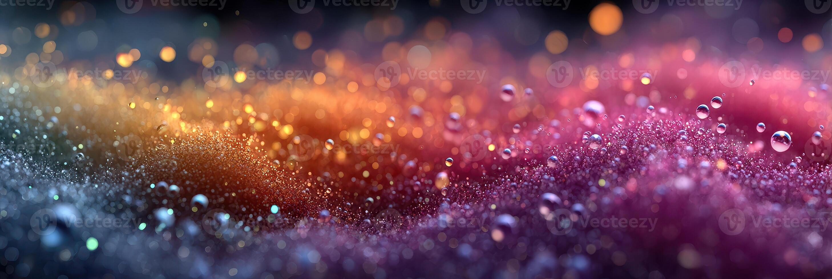Colorful droplets create shimmering patterns on a soft surface in a dynamic display of light during early evening hours photo