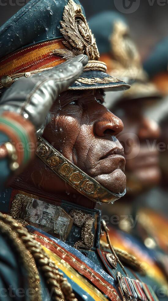 Military officer salutes during formal ceremony in a grand parade setting under vibrant sky photo