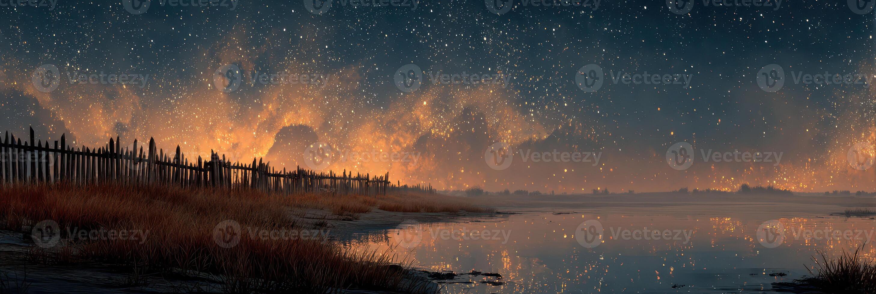 Night sky lights up over tranquil waters and a rustic wooden fence on a calm evening at a serene lakeside location photo