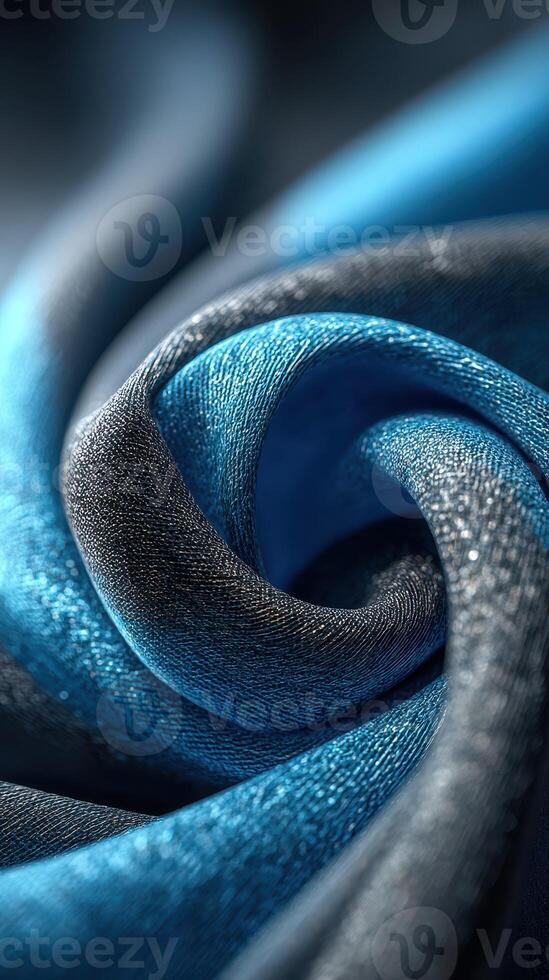Close-up view of swirling blue and black fabric showcasing texture and color interplay in soft lighting photo