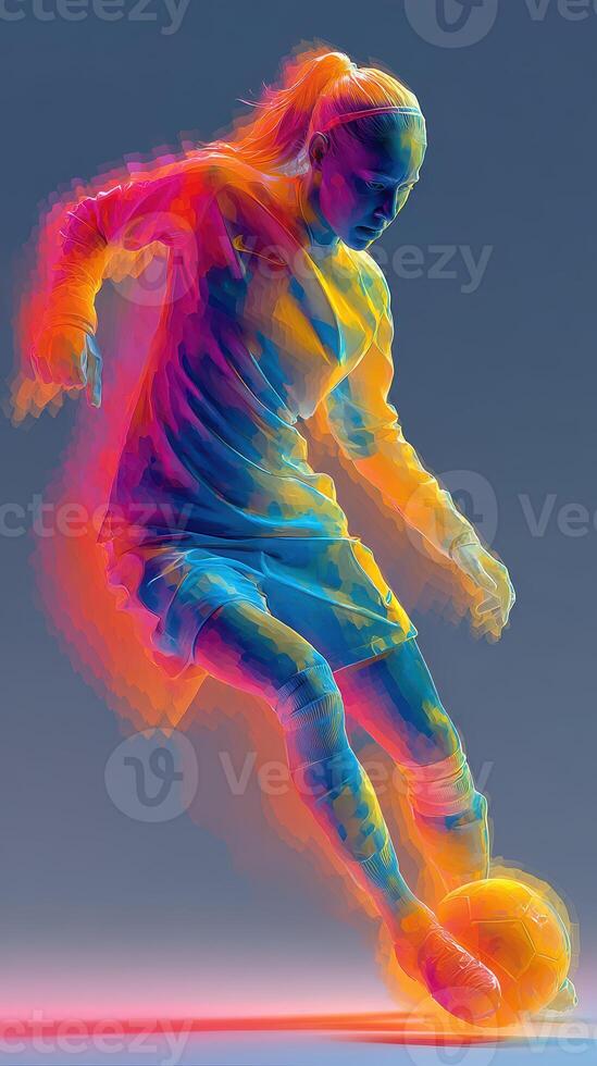 Dynamic female soccer player executing a skillful dribble in a vibrant, colorful illustration photo