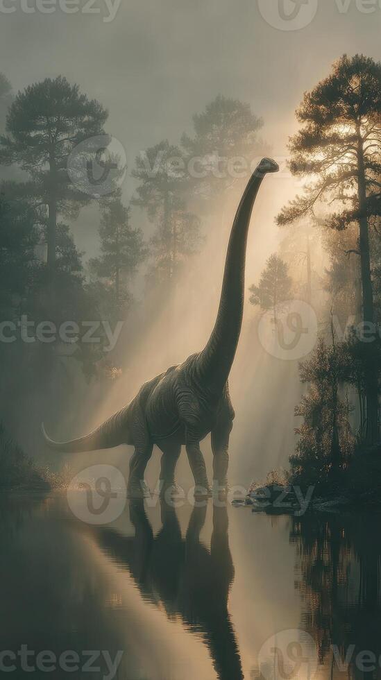 Majestic dinosaur emerges from serene water at dawn surrounded by mystical trees photo