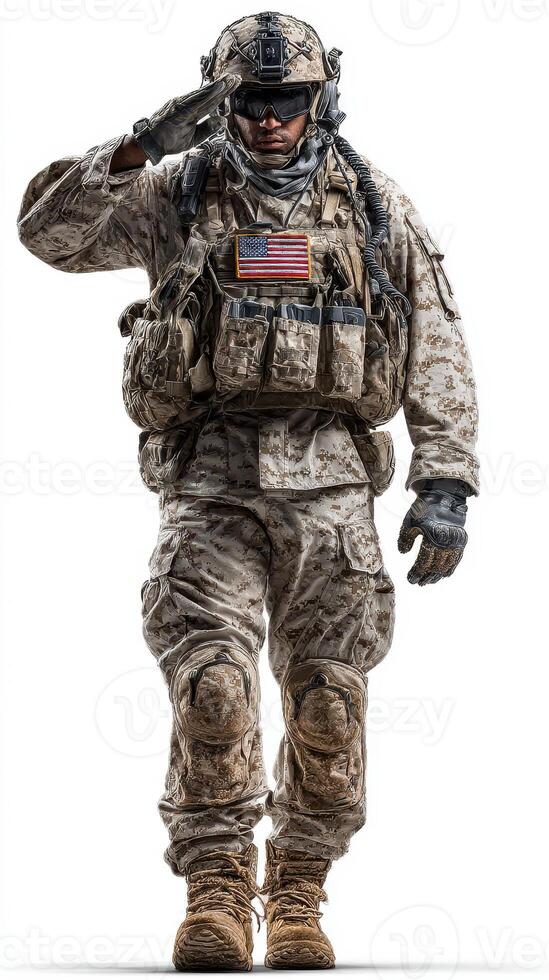 Military personnel saluting in tactical gear with camouflage uniform and American flag badge during daylight photo