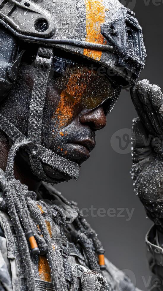Soldier in uniform saluting with rain-soaked gear, capturing dedication and bravery in challenging conditions photo