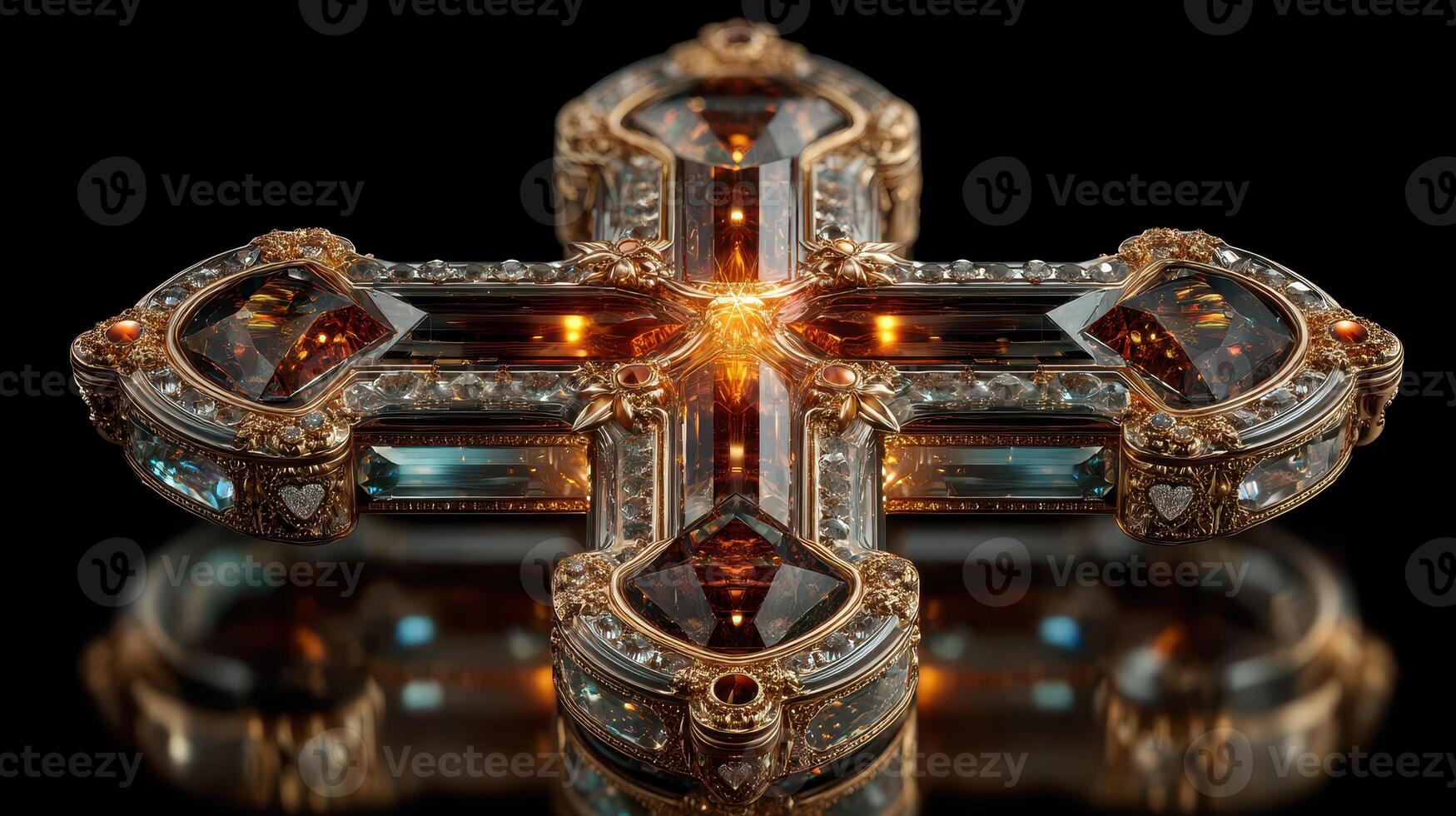 Intricate decorative cross with gemstones and a reflective base displayed against a dark background highlighting its craftsmanship and design photo