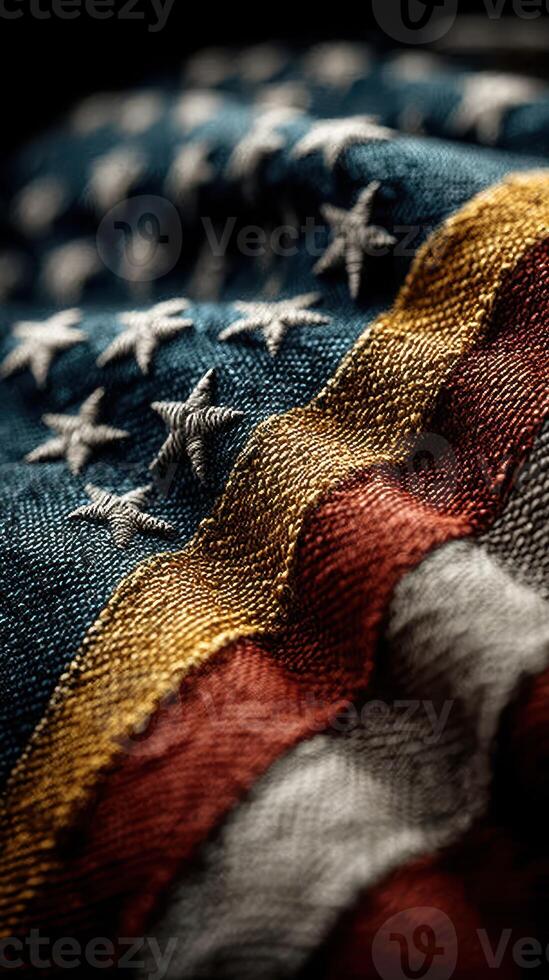 Detailed close-up view of an American flag showcasing vibrant colors and intricate stitching on a textured fabric surface photo