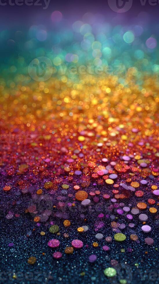 Colorful glitter particles reflecting light in a vibrant, abstract background at night photo