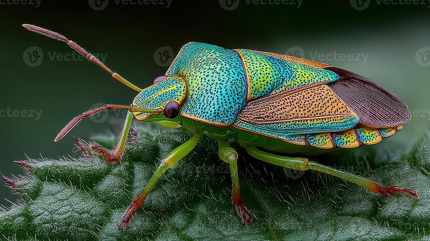 Colorful insect perched on green leaf showcasing detailed patterns and vibrant hues in natural habitat during daylight photo