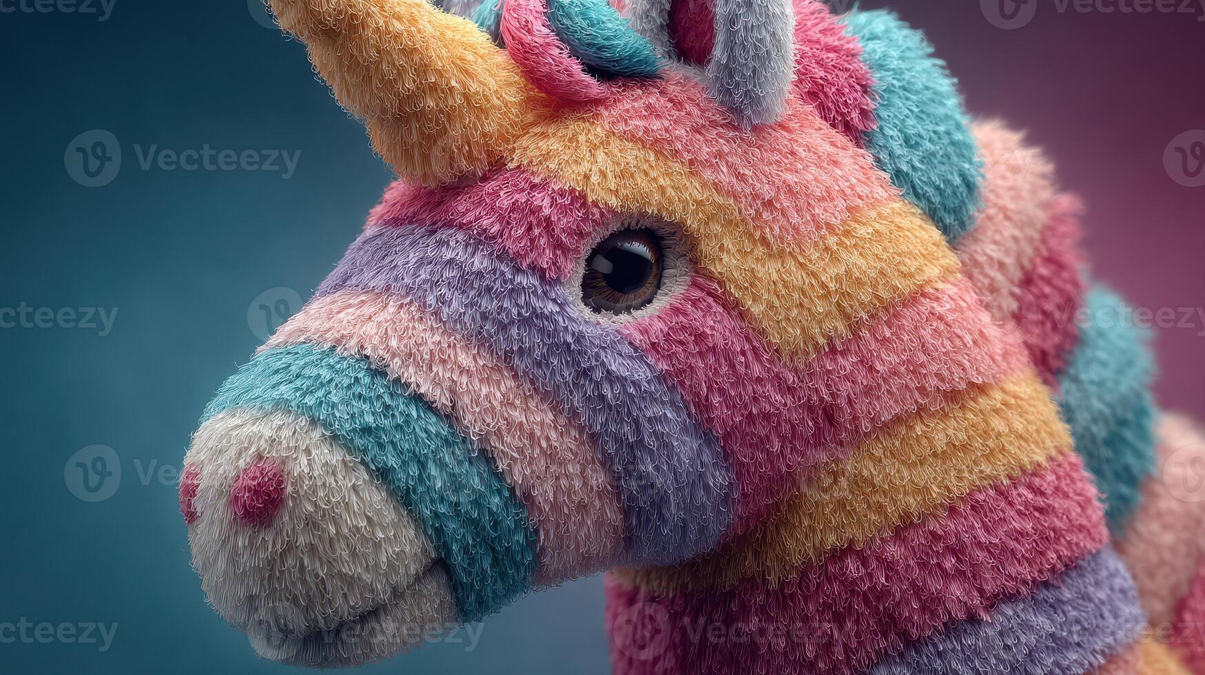 Colorful plush unicorn with vibrant stripes in a playful setting photo