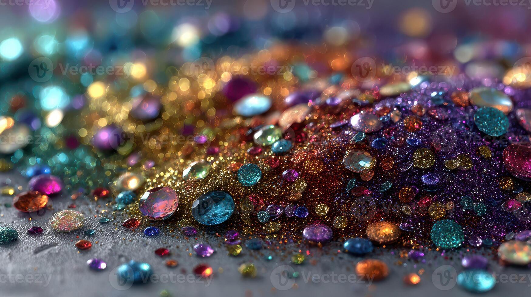 Shimmering collection of colorful gems and glitters spread across a surface under bright light photo