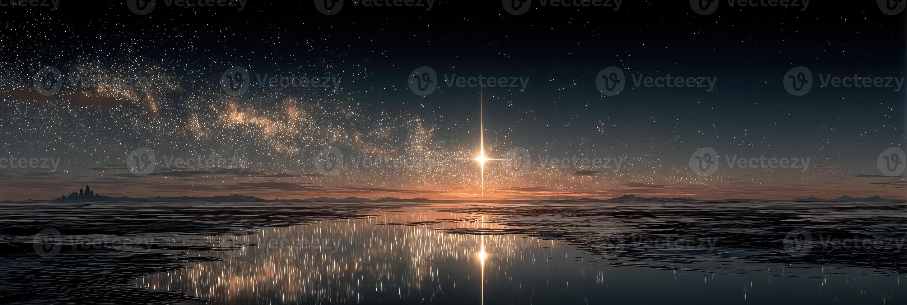 Stunning night sky over a tranquil lake with a reflection of stars and a brilliant light at dawn photo