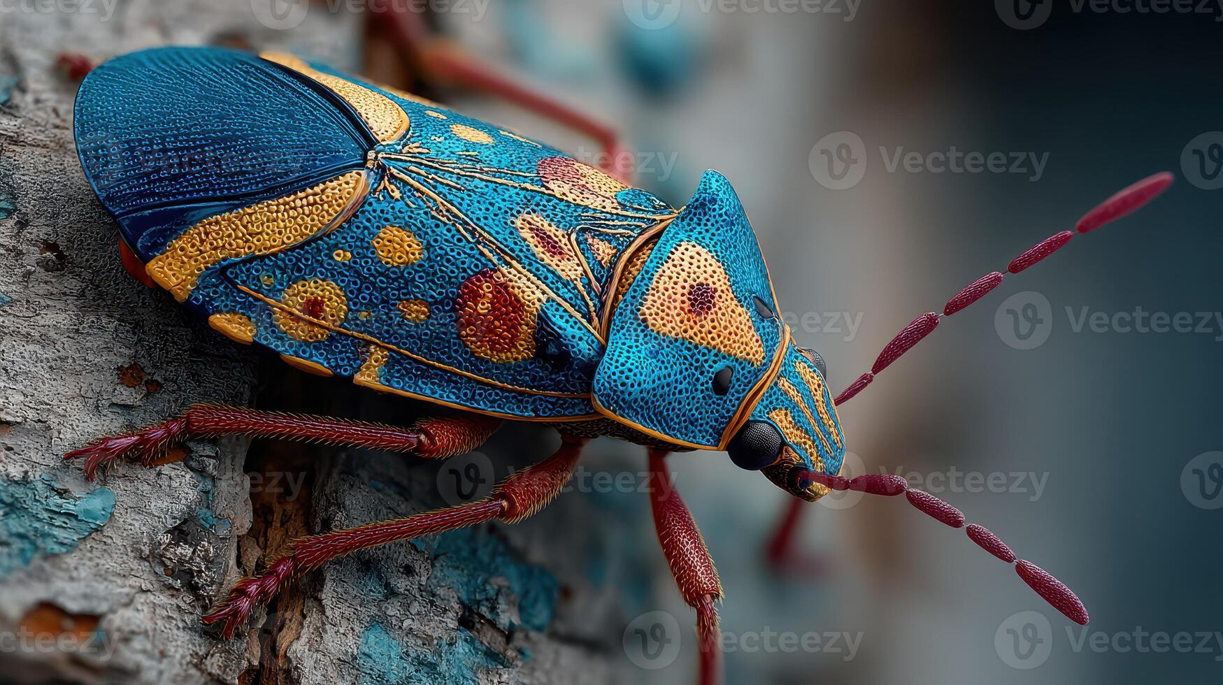 Colorful insect perched on textured surface in nature highlighting intricate details and vibrant colors photo