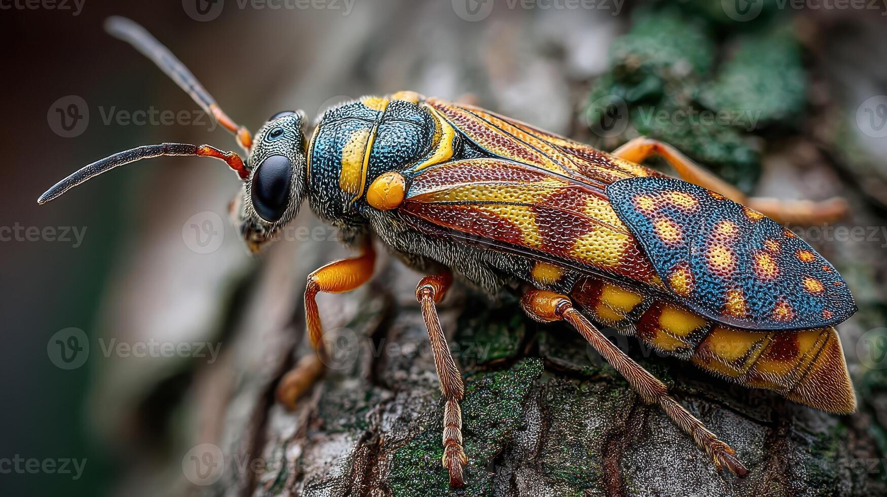 Close-up view of a colorful insect on tree bark in a natural setting during daylight hours photo