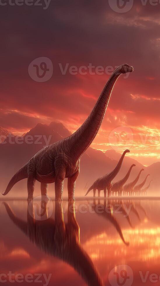 Dinosaurs roam a serene landscape at sunset with reflections on a calm lake photo