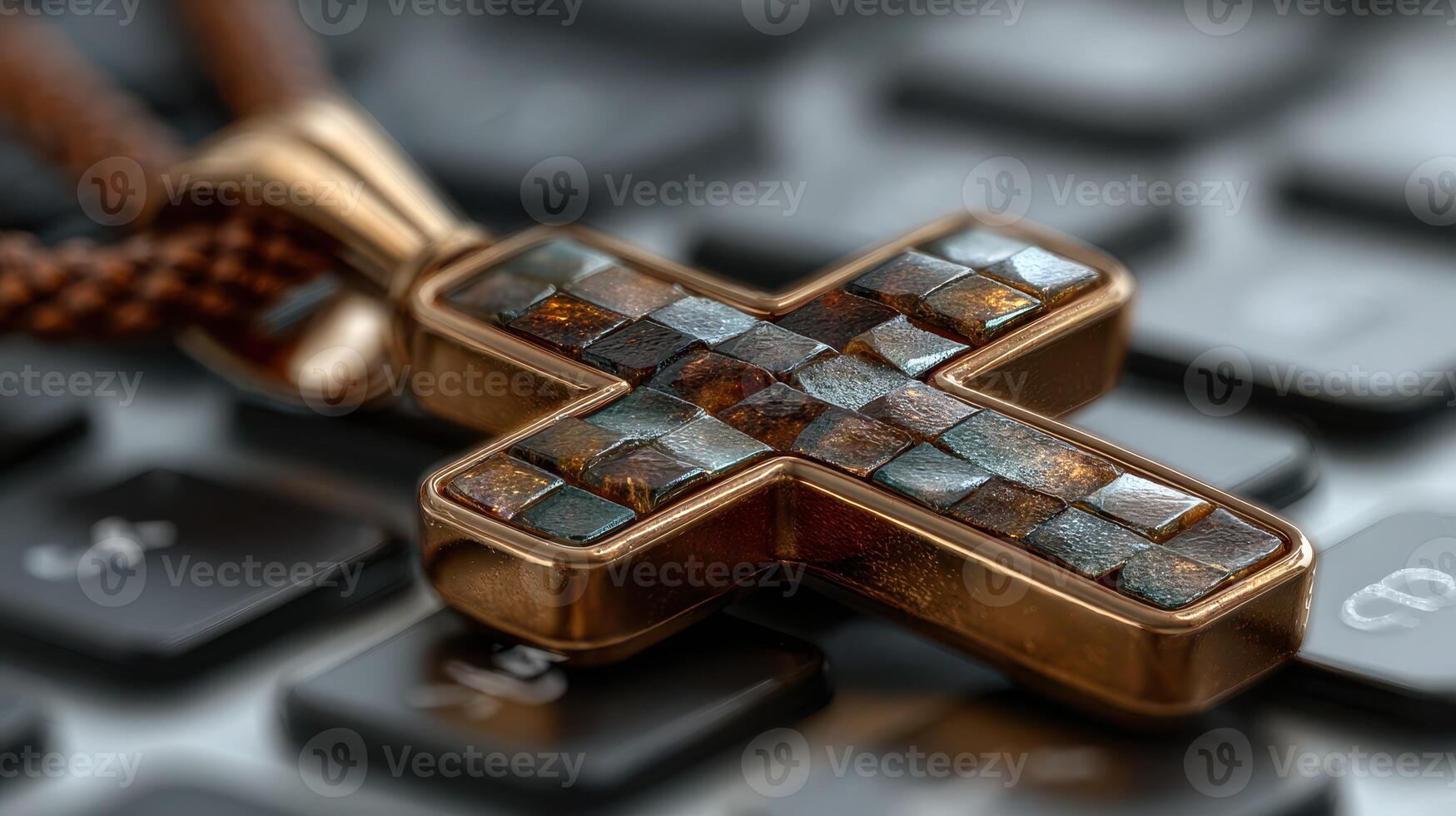 Unique design of a golden cross pendant resting on a keyboard showcases craftsmanship and modern technology intersection photo