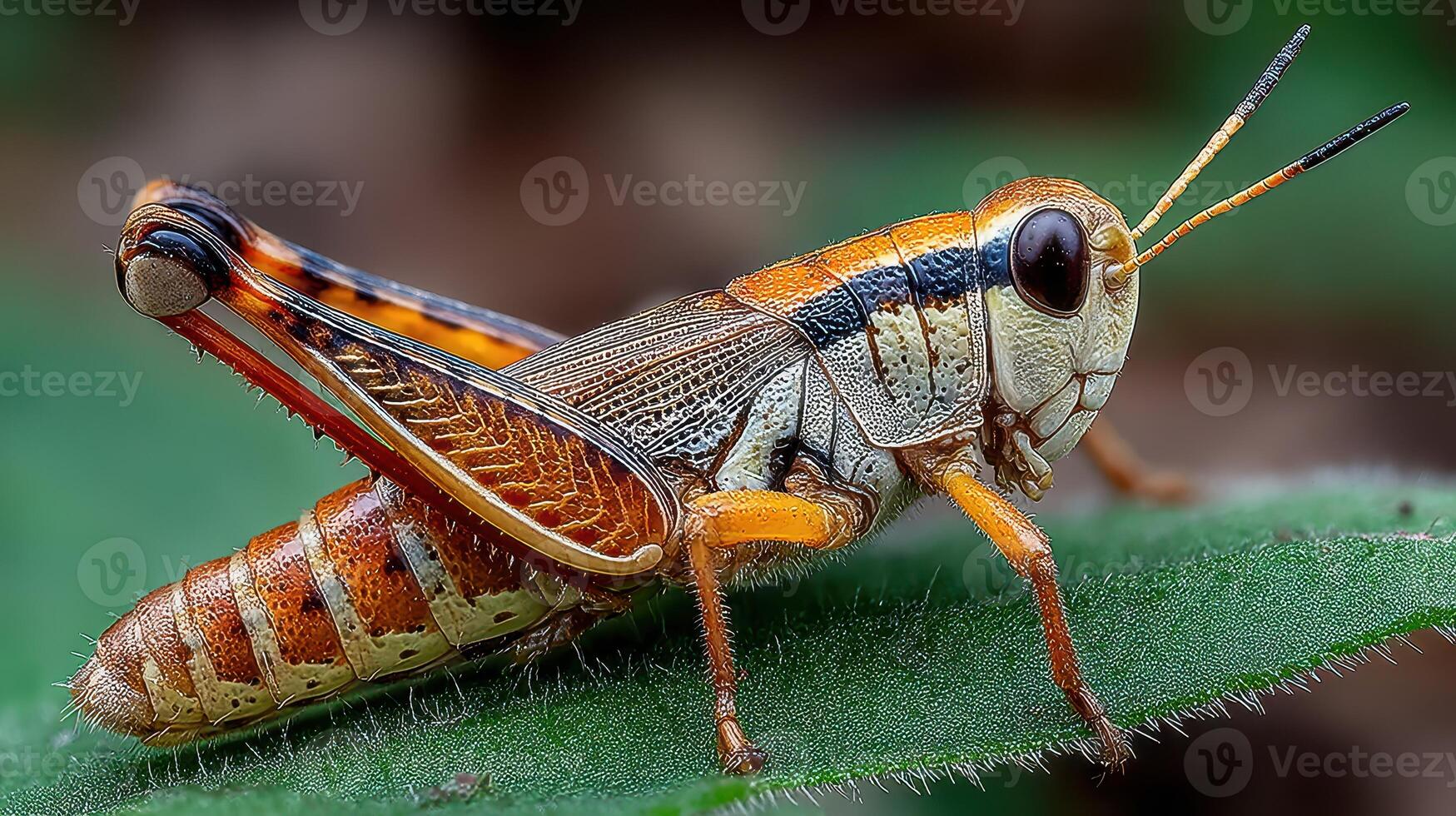 Close-up of an orange and black grasshopper resting on a green leaf in a natural habitat during daylight hours photo