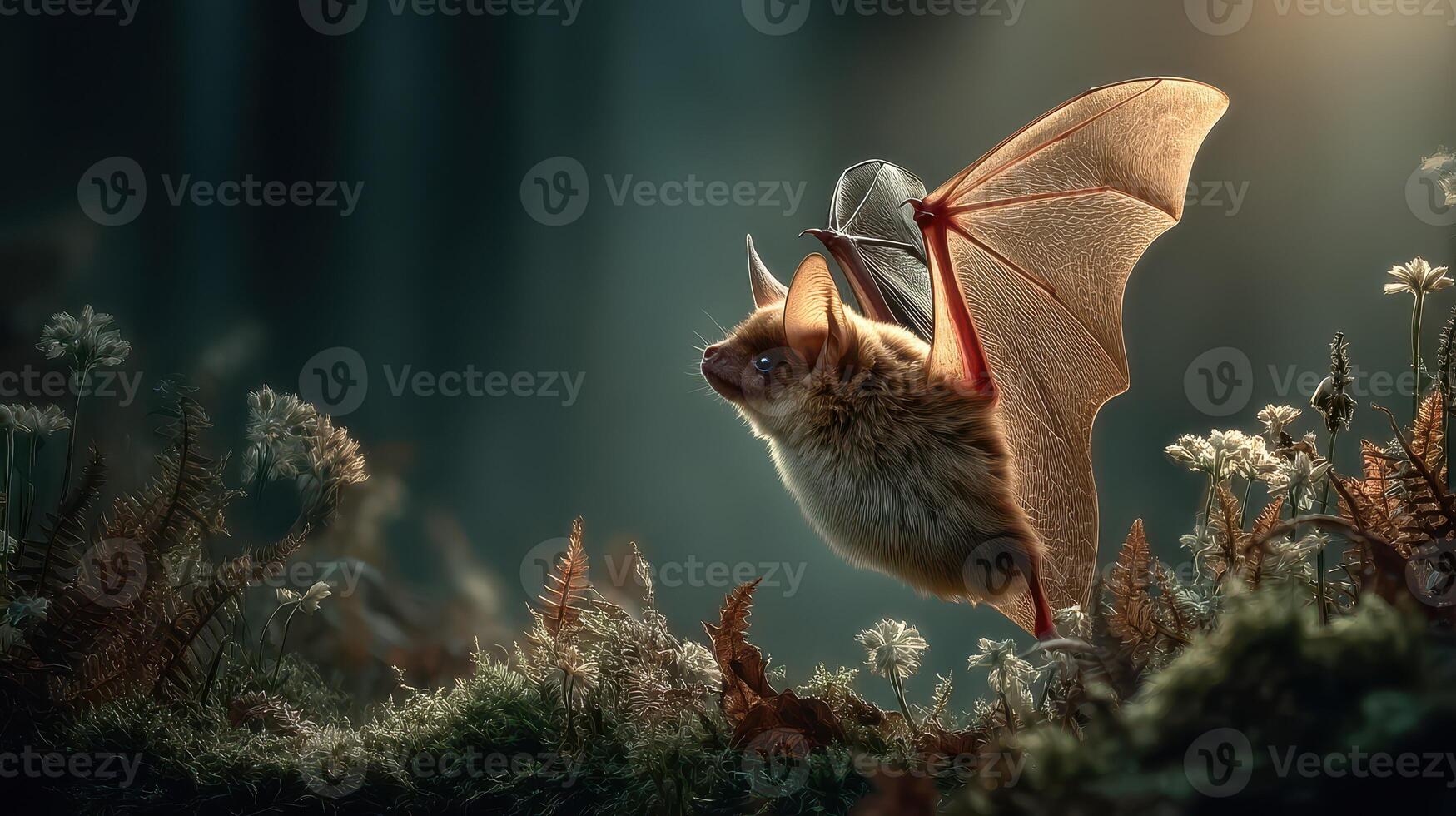 Bat in a forest setting during twilight showcasing its wings and surroundings photo