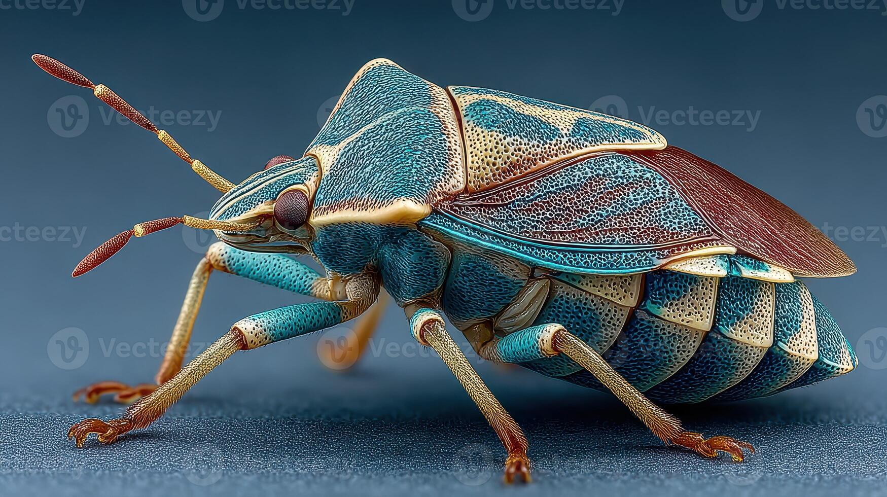 Vibrant blue insect with intricate patterns exploring its surroundings in macro view photo