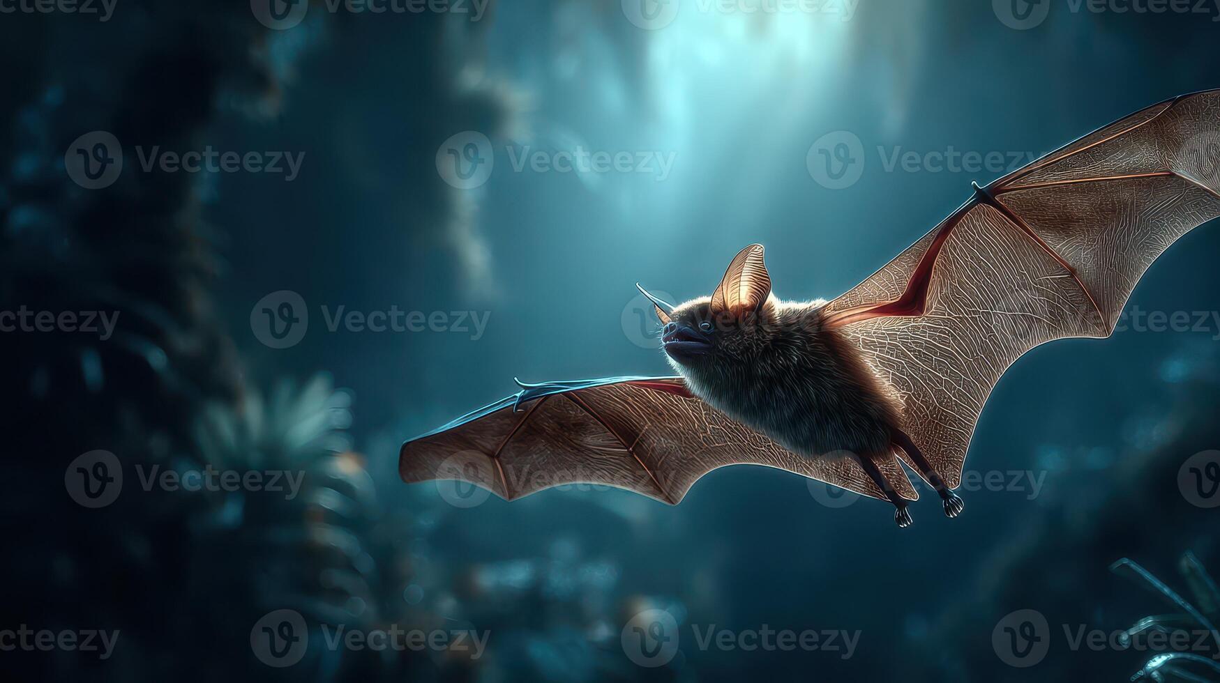 Nighttime flight of a bat in a mystical forest setting under dim light photo