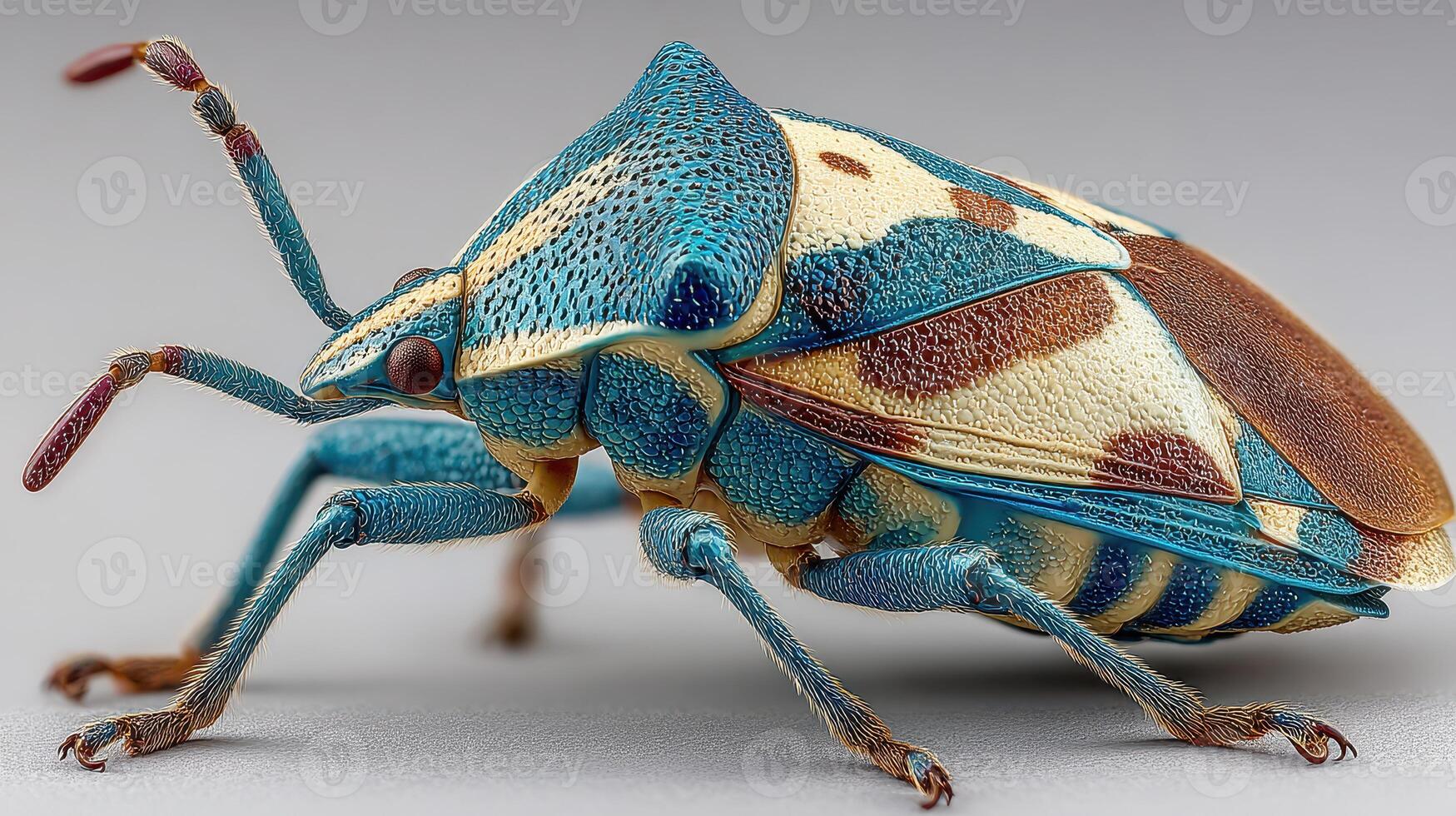 Vibrant blue and yellow insect with a unique pattern on a neutral background captured up close photo
