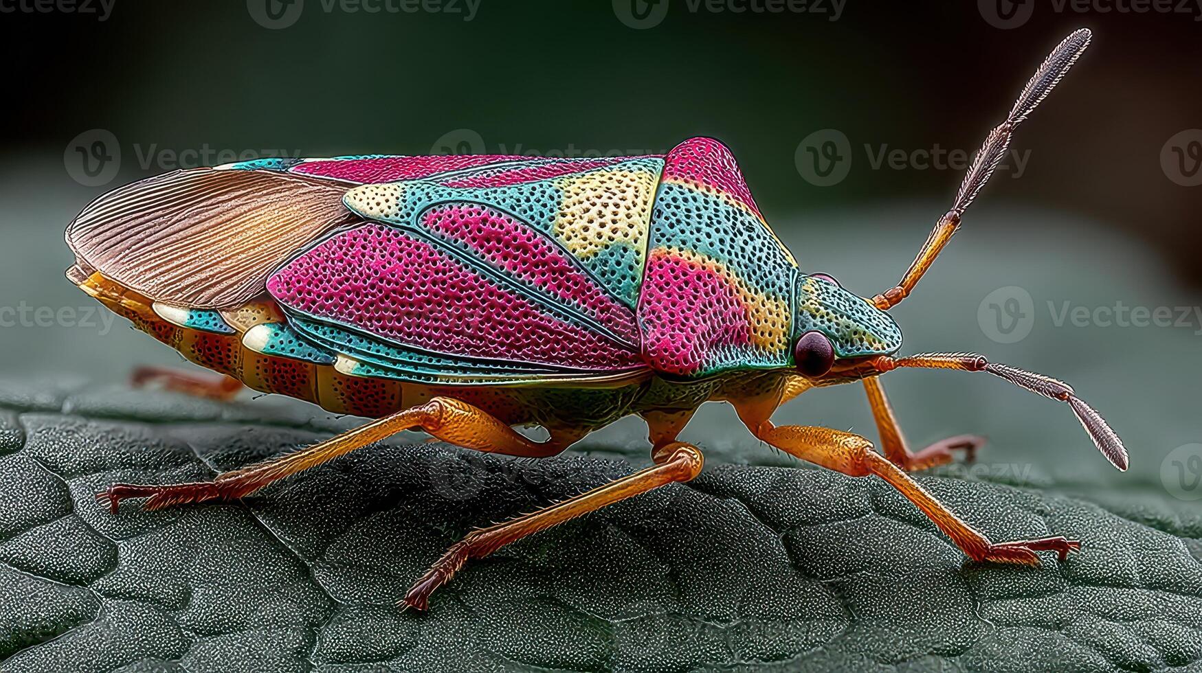 Colorful bug perched on a leaf showcasing vibrant patterns in nature's intricate designs during daylight photo