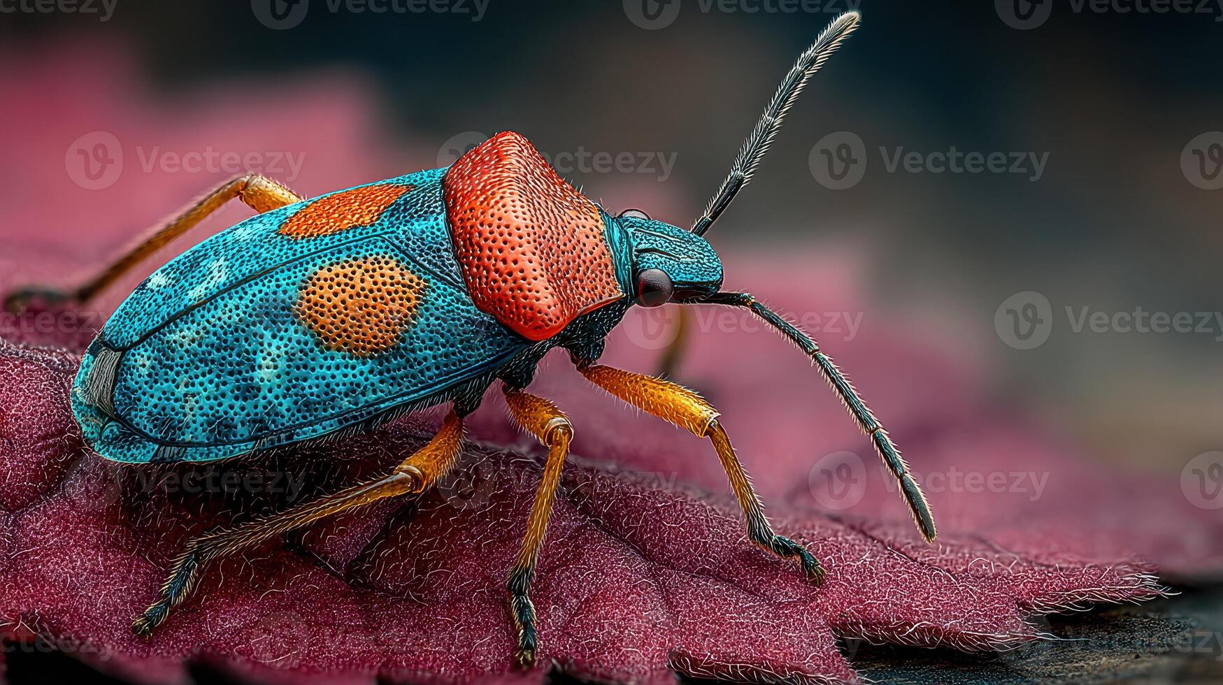 Colorful bug resting on a leaf in a natural setting, showcasing vivid details and textures photo