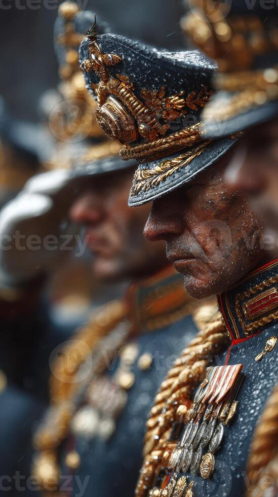 Ceremonial parade in the rain featuring soldiers in traditional uniforms saluting during a military event photo
