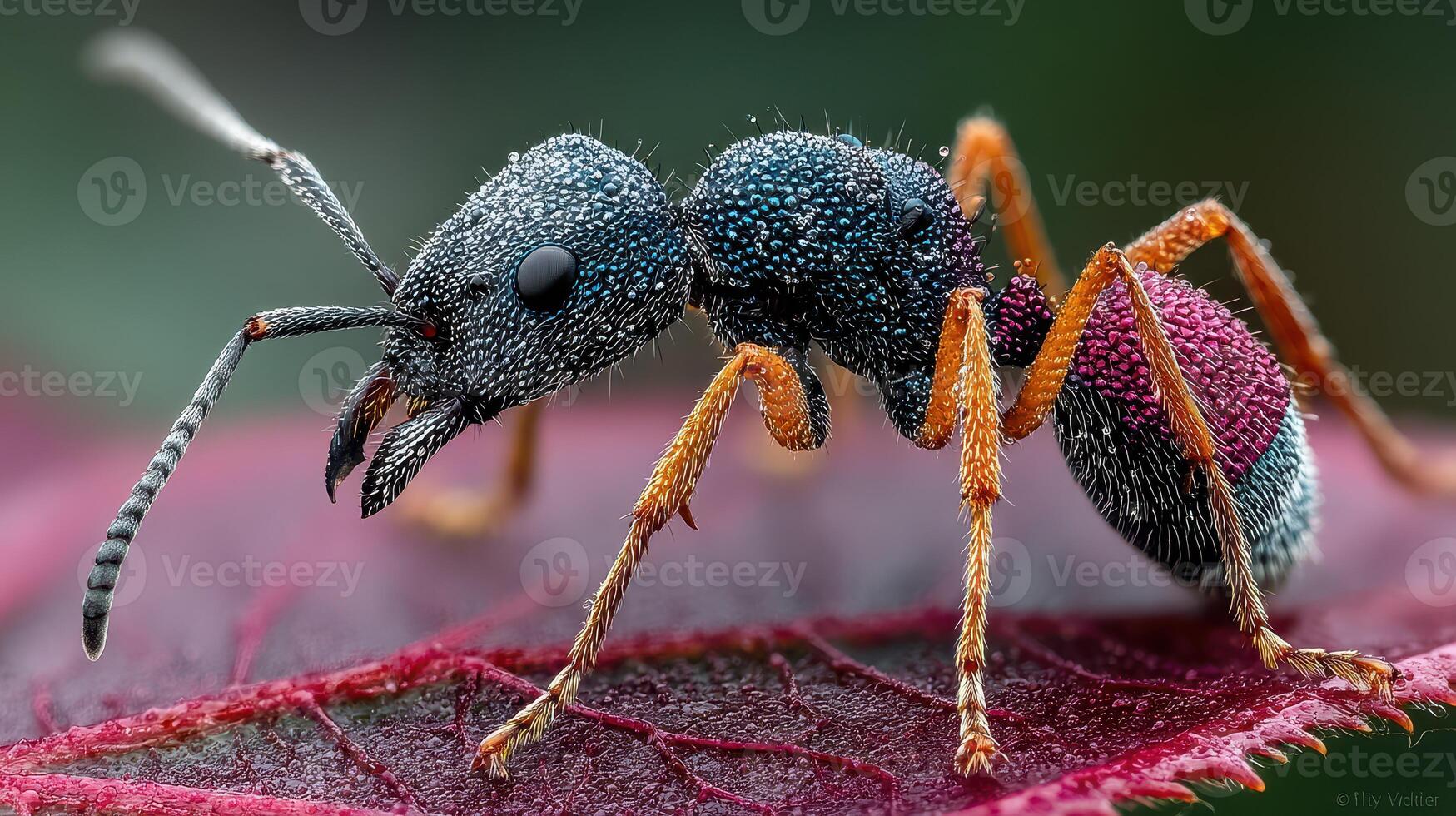 Detailed close-up of a colorful ant on a vibrant leaf during daylight showcasing incredible natural texture and features photo